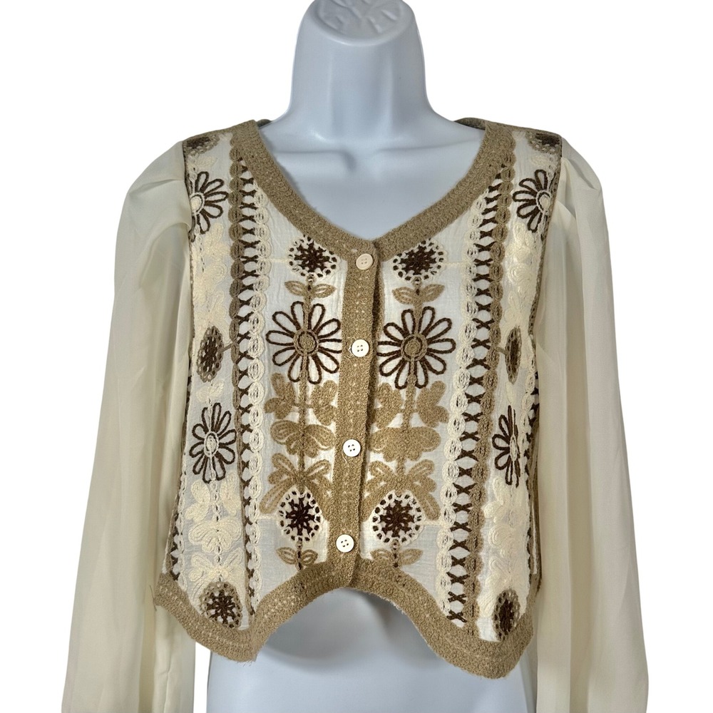Women's Small Retro Boho‎ Bohemian Crochet Button Blouse Sheer Long Sleeves